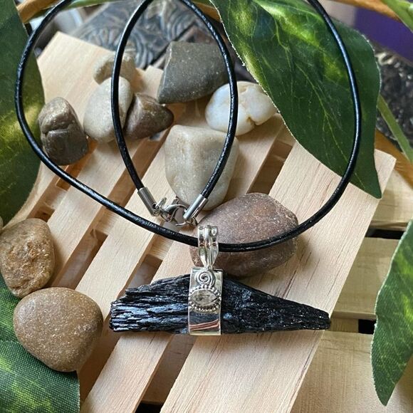 Black Kyanite & Herkimer Diamond Solid Sterling Silver Pendant Necklace - Picture 3 of 7